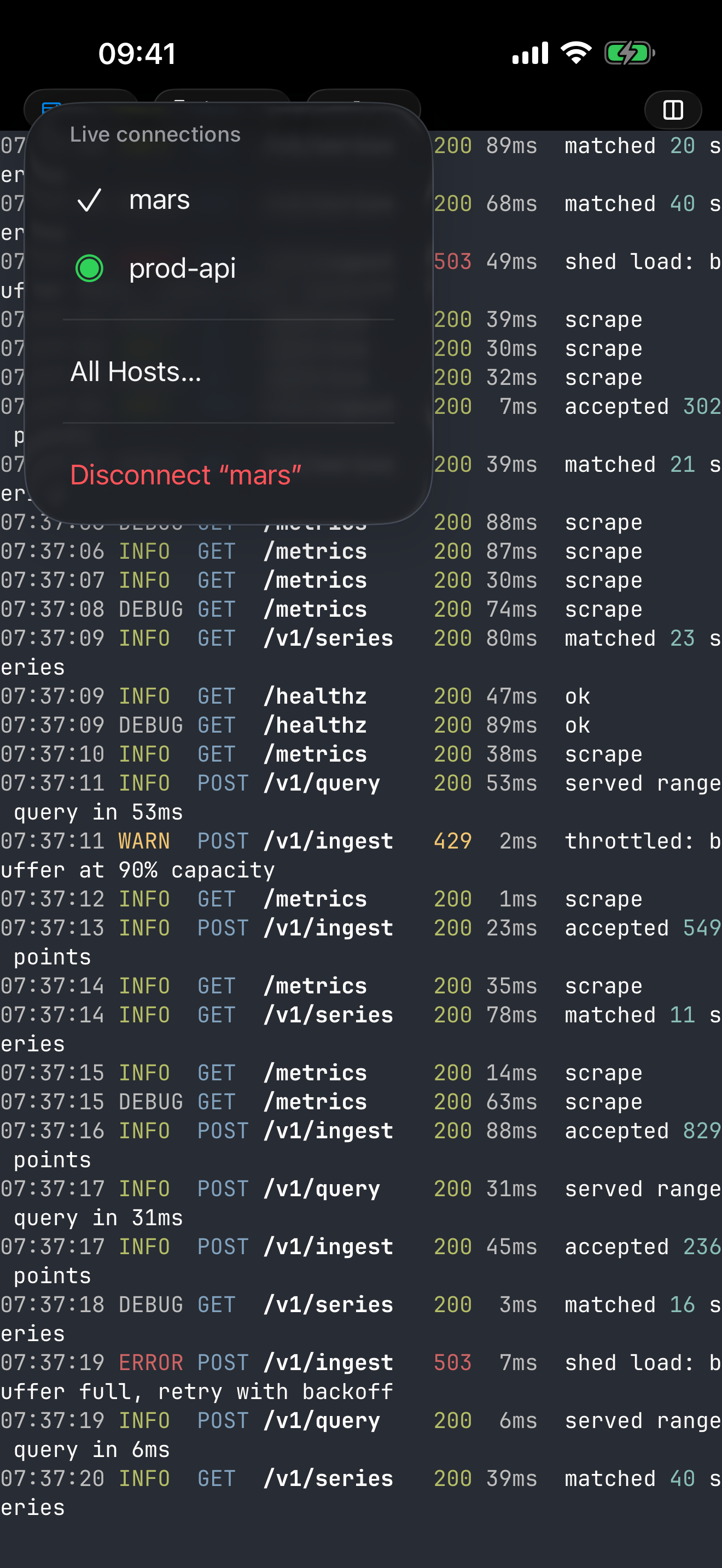 The live-connections menu open over a dotMux terminal on iPhone, listing the two connected hosts with a disconnect action.