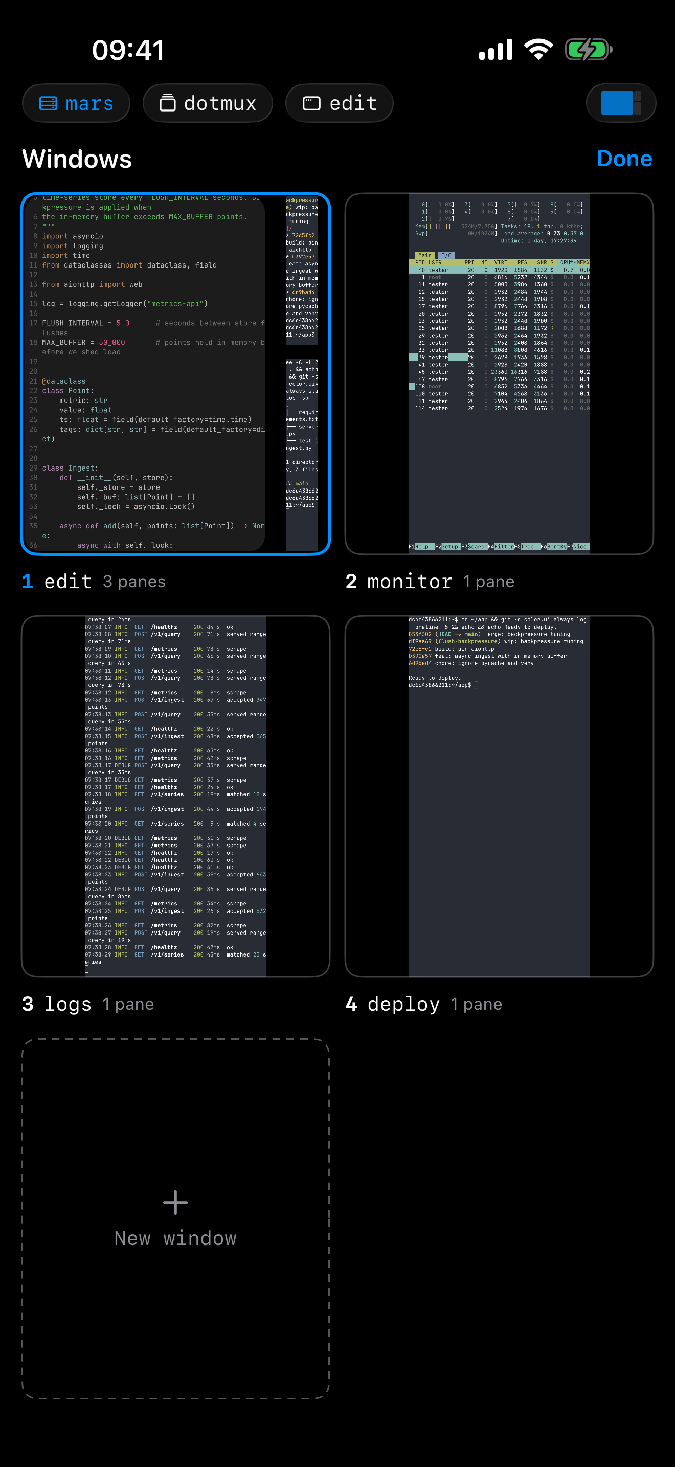 The dotMux window picker on iPhone showing four live thumbnails of the real remote windows — an editor, a system monitor, a log tail and a deploy — plus a New window tile.