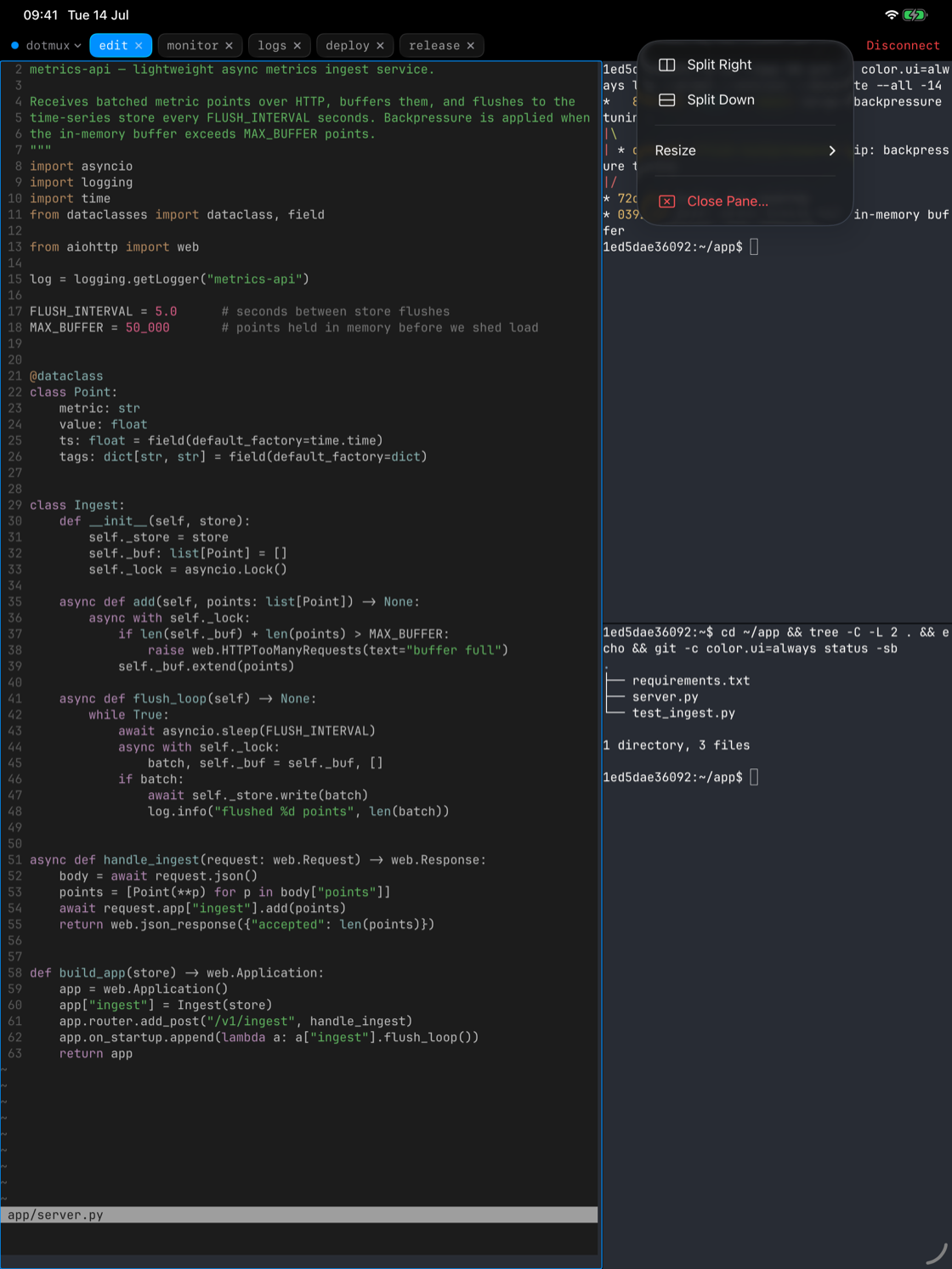 dotMux on iPad with a tmux window split into three native panes.