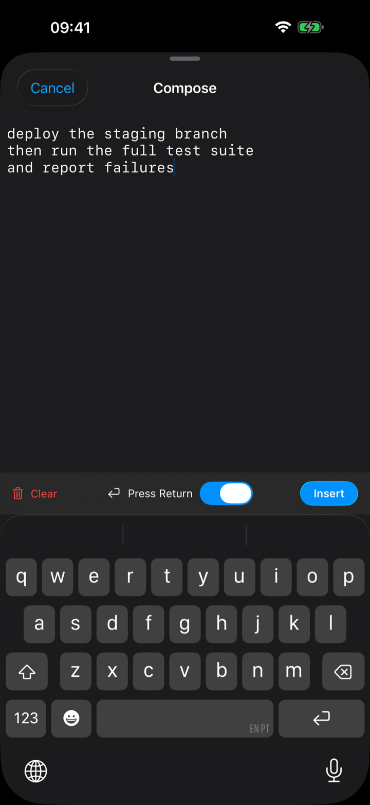 The dotMux command composer sheet on iPhone.