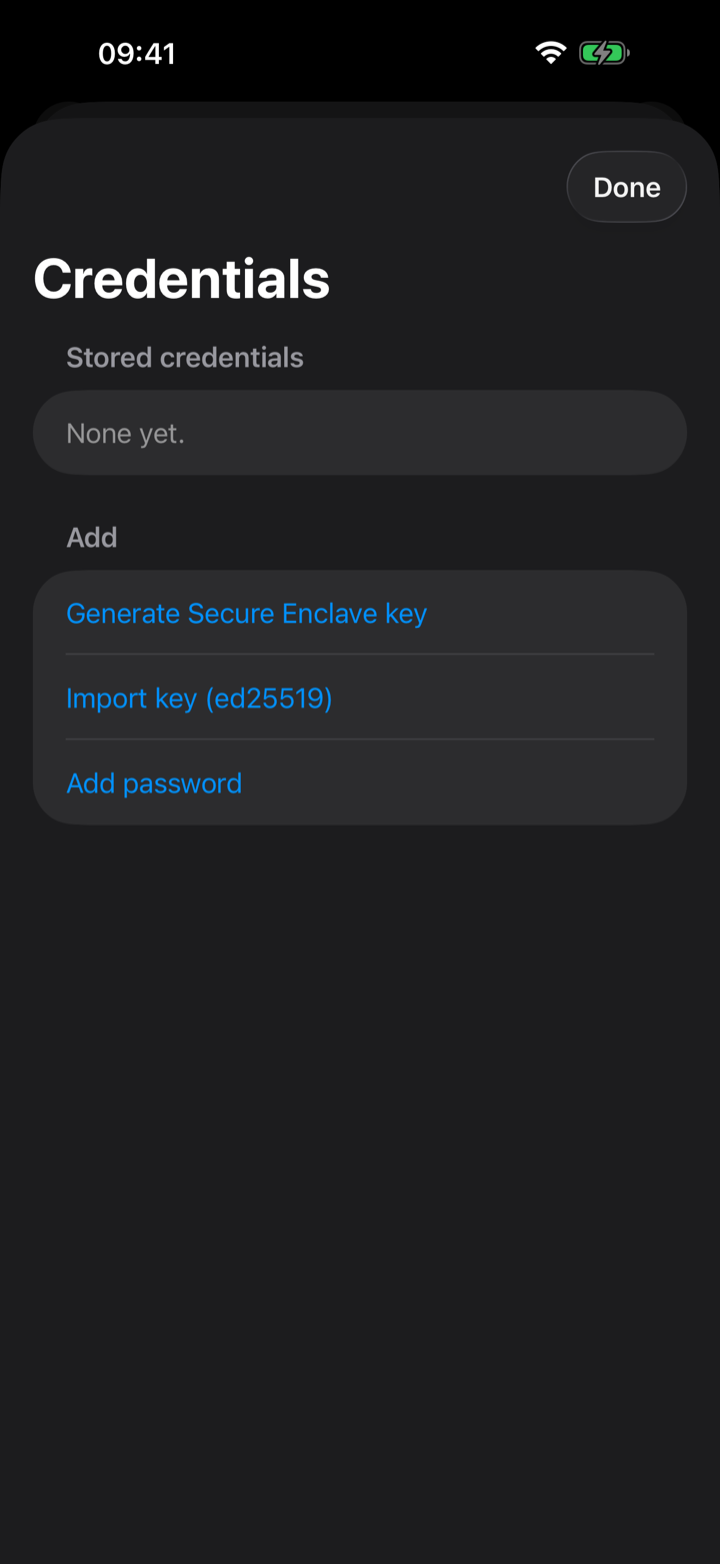 The dotMux credential manager on iPhone, offering to generate a Secure Enclave key, import an ed25519 key, or add a password.
