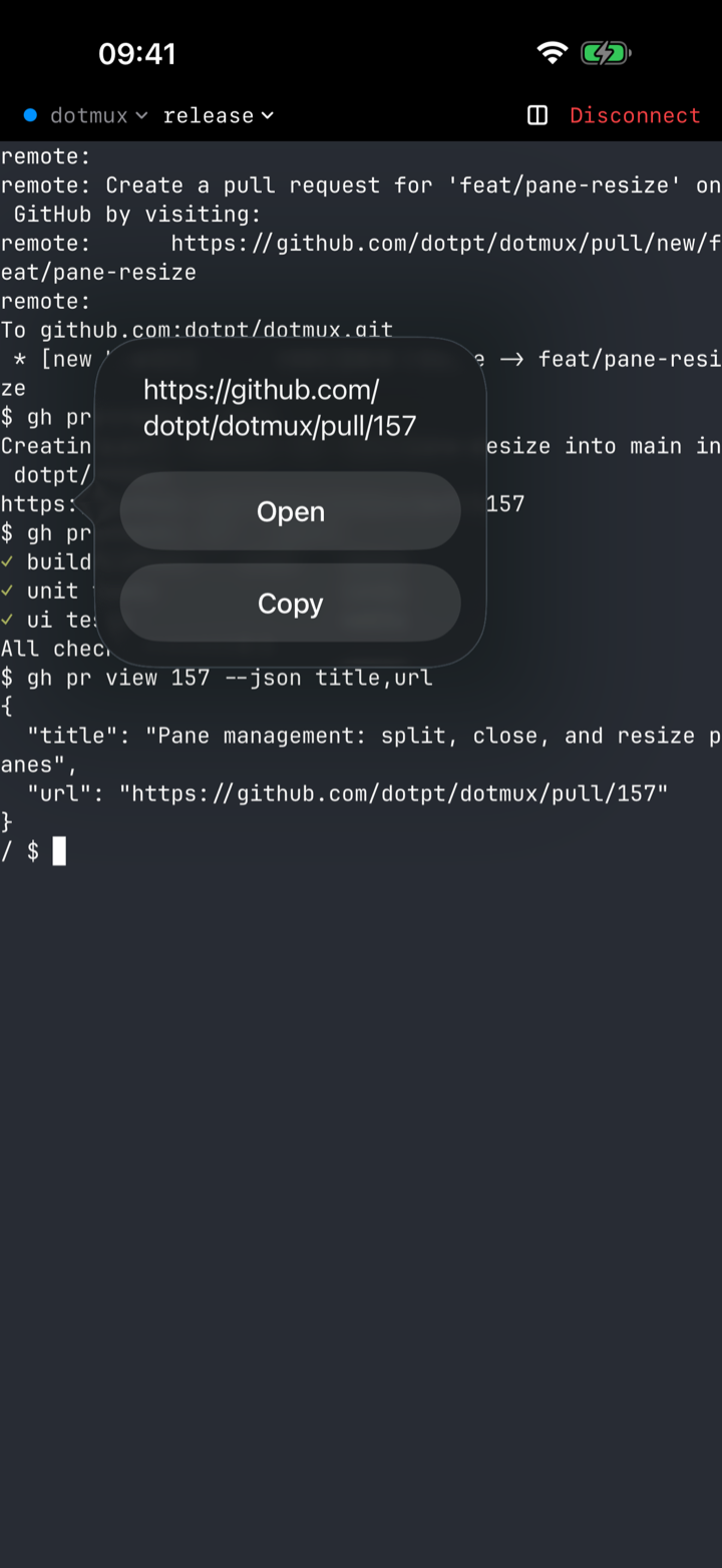 dotMux showing a link confirmation sheet on iPhone.