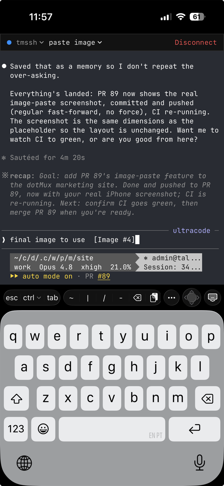 dotMux on iPhone pasting into a Claude Code session over SSH, with the helper bar's paste key above the keyboard.