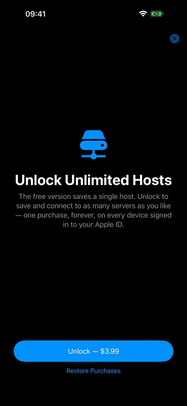 The dotMux Unlimited Hosts paywall on iPhone.