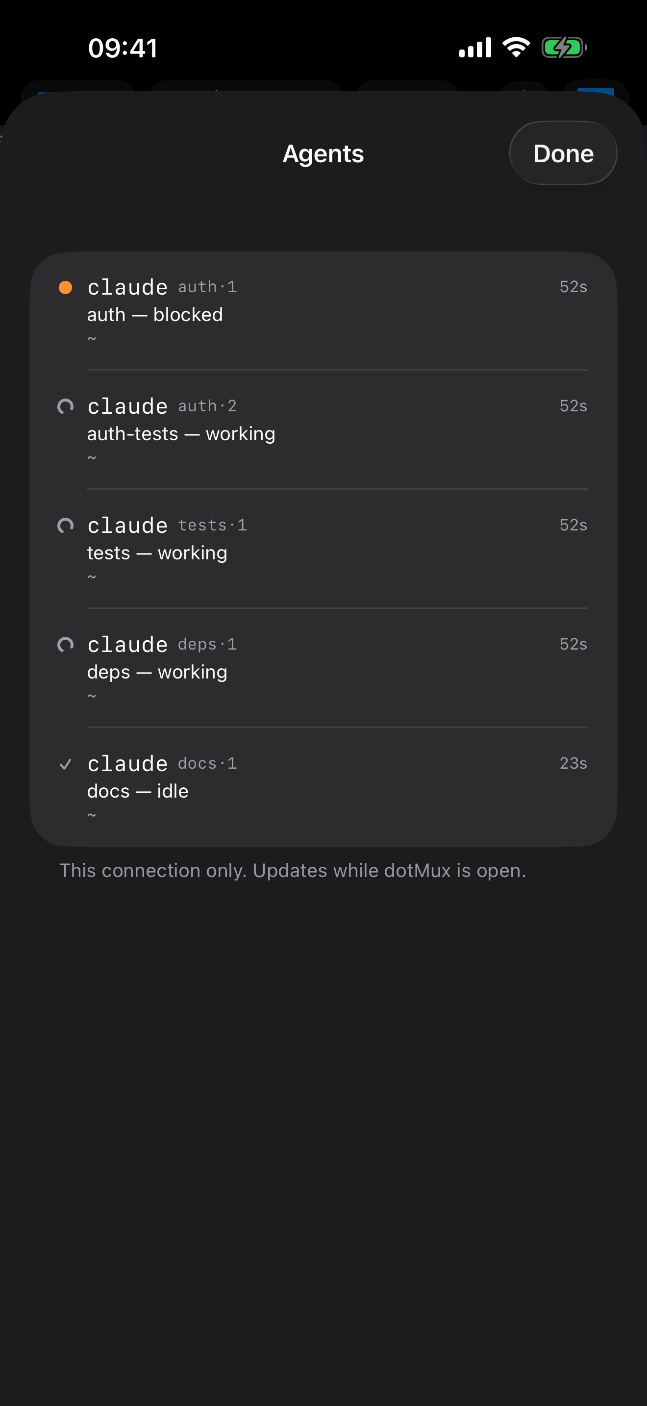 The dotMux Agents sheet on iPhone for a herdr host: five agents listed by tab, one blocked, three working and one idle.