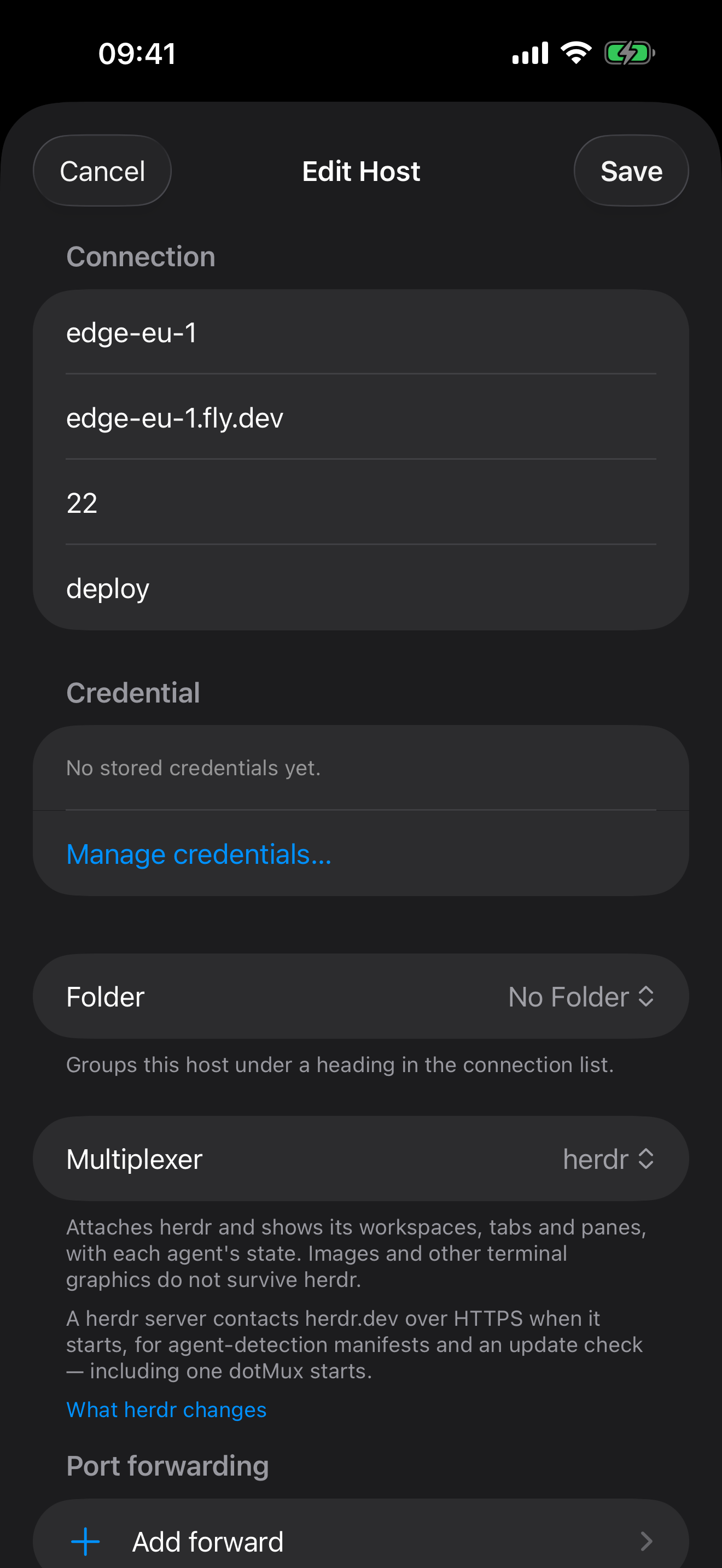 The dotMux host form on iPhone with the Multiplexer picker set to herdr.