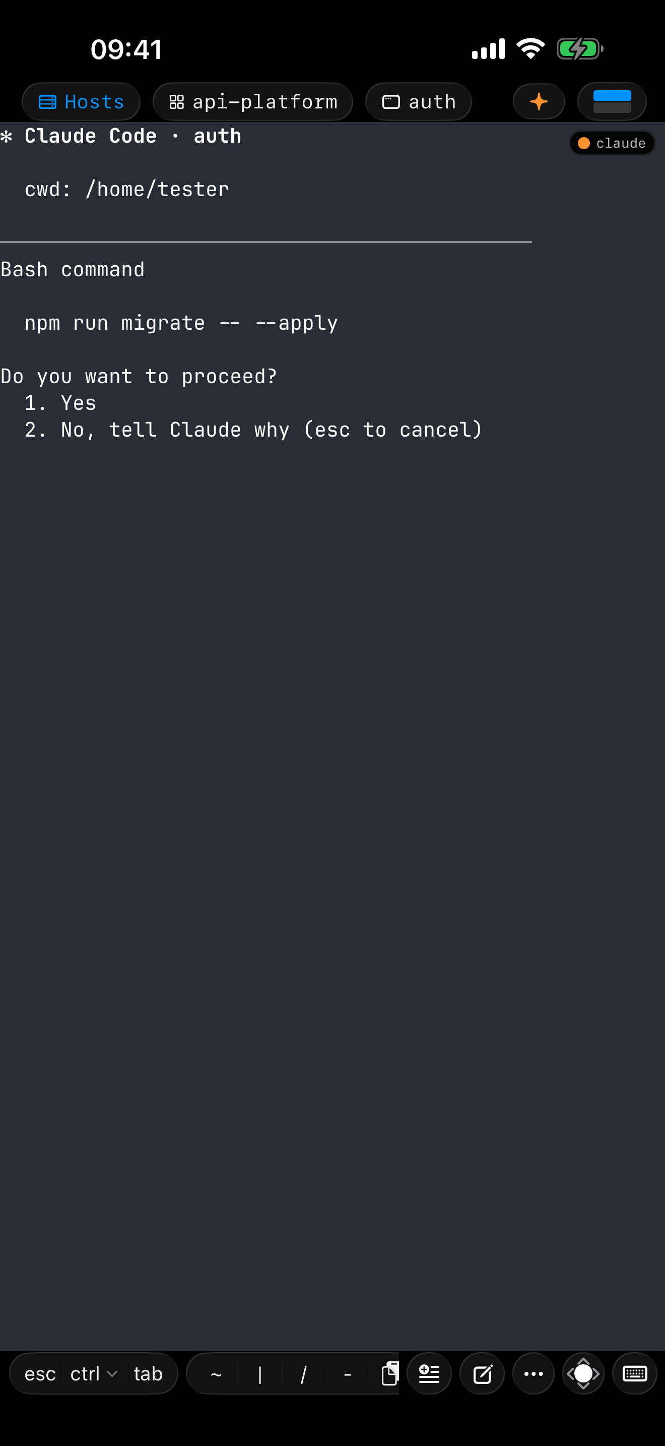 dotMux on iPhone in a herdr workspace: an agent's pane waits on a Do you want to proceed? prompt, with an orange blocked marker in its corner.